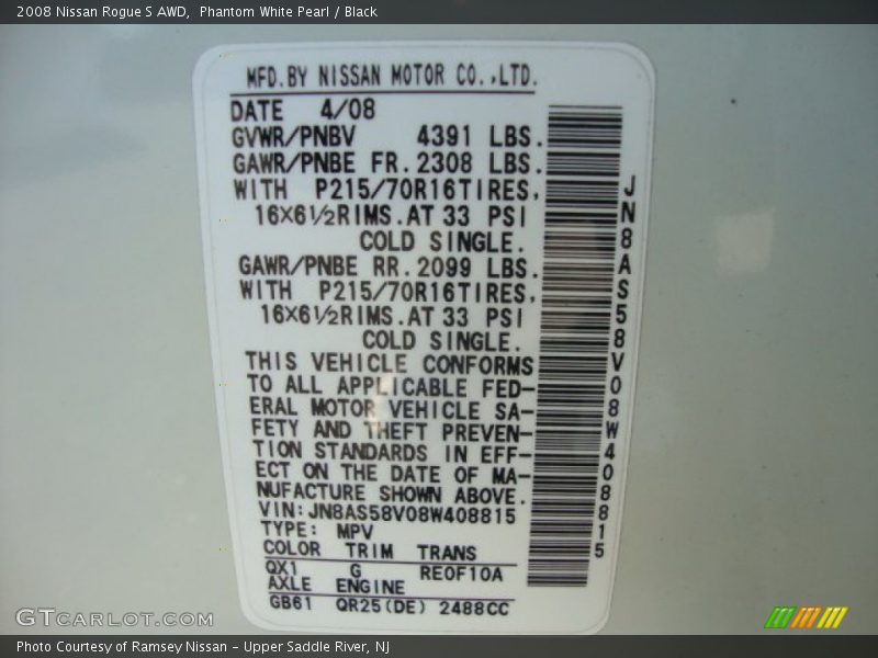 Phantom White Pearl / Black 2008 Nissan Rogue S AWD