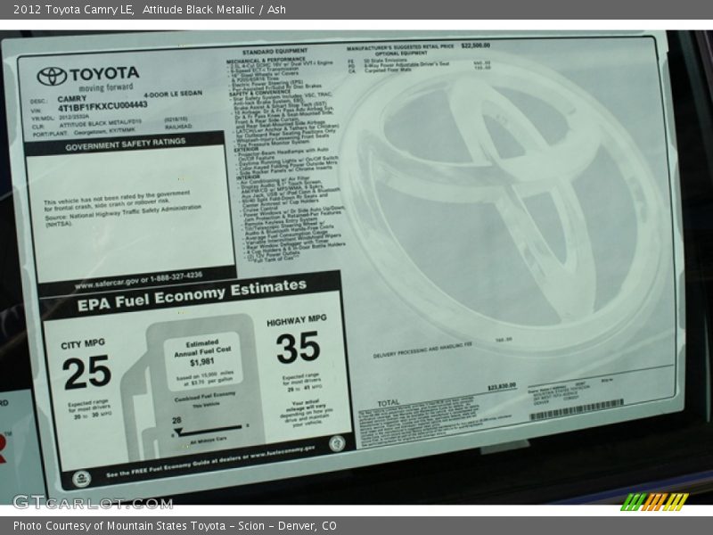  2012 Camry LE Window Sticker