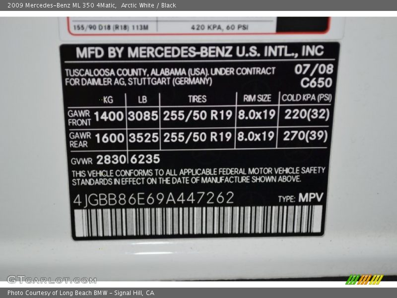2009 ML 350 4Matic Arctic White Color Code 650