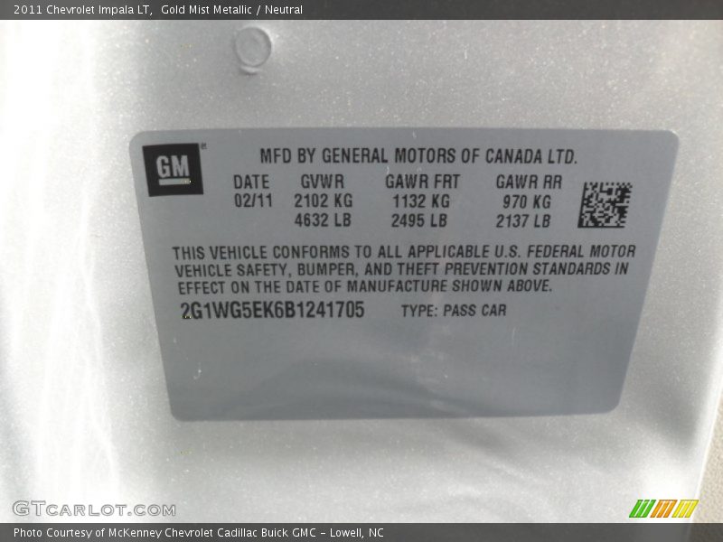 Gold Mist Metallic / Neutral 2011 Chevrolet Impala LT