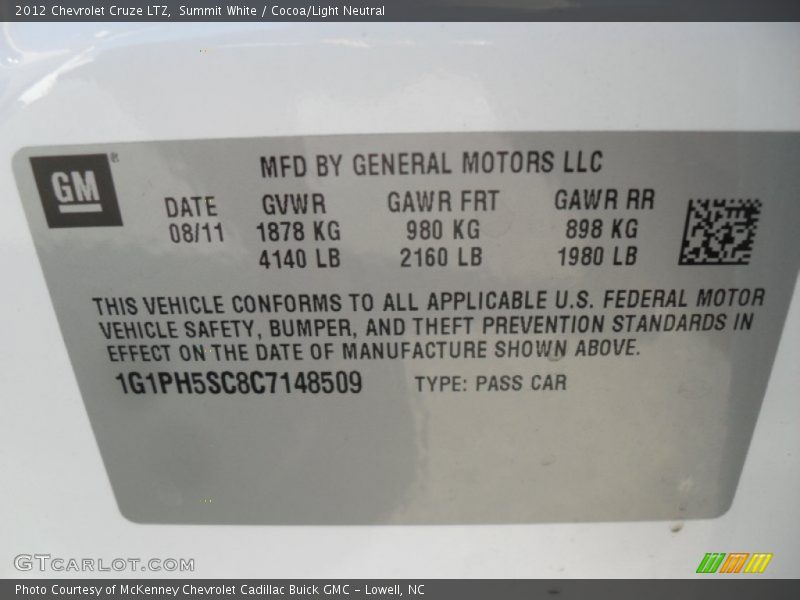 Summit White / Cocoa/Light Neutral 2012 Chevrolet Cruze LTZ