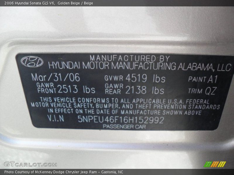 Golden Beige / Beige 2006 Hyundai Sonata GLS V6