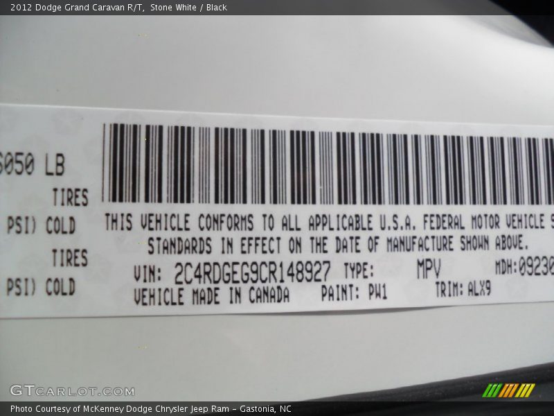 2012 Grand Caravan R/T Stone White Color Code PW1
