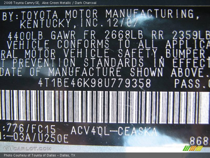 Aloe Green Metallic / Dark Charcoal 2008 Toyota Camry SE