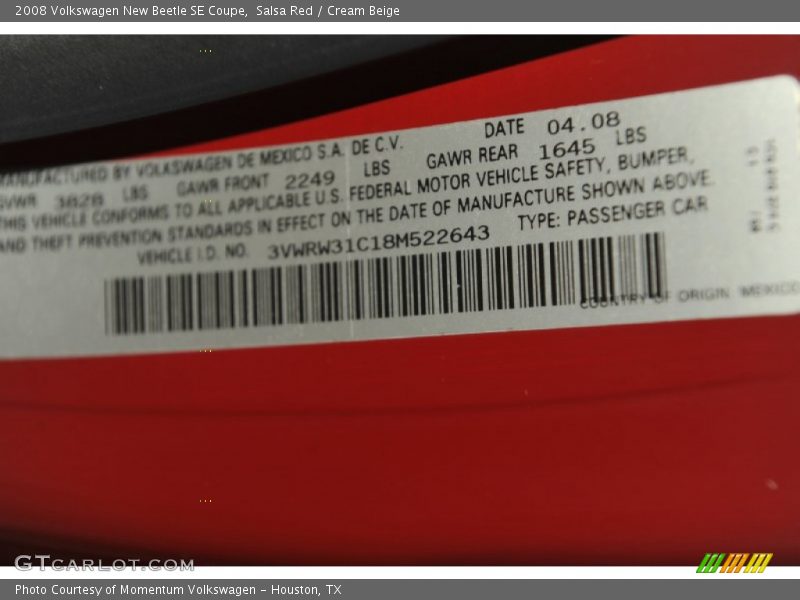 Salsa Red / Cream Beige 2008 Volkswagen New Beetle SE Coupe