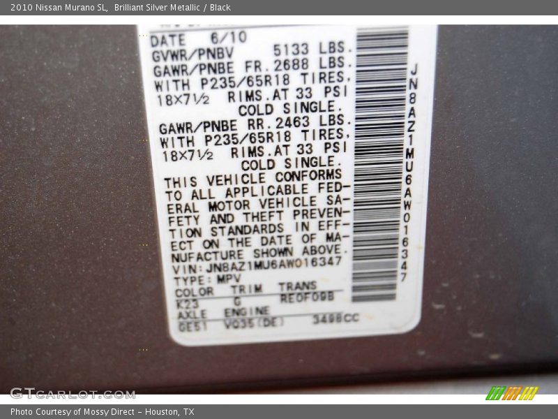 2010 Murano SL Brilliant Silver Metallic Color Code K23