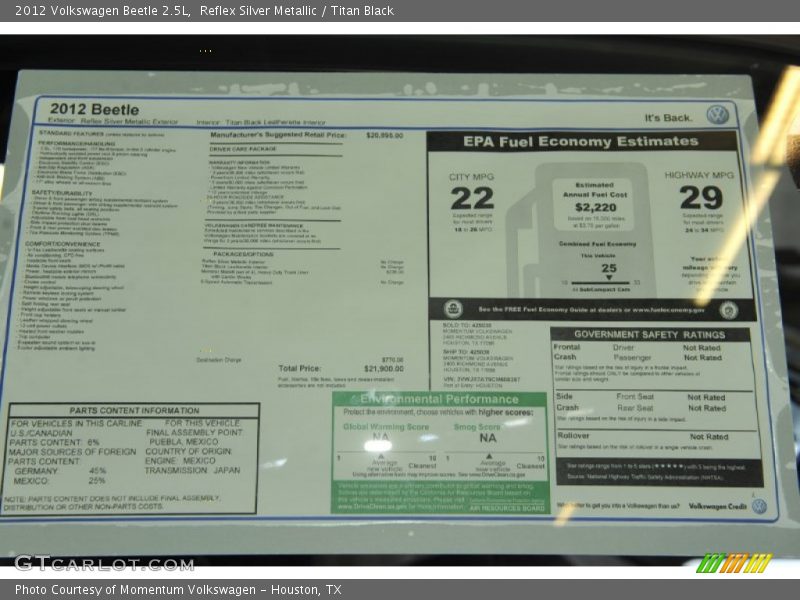  2012 Beetle 2.5L Window Sticker