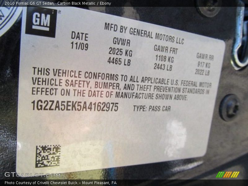 Carbon Black Metallic / Ebony 2010 Pontiac G6 GT Sedan