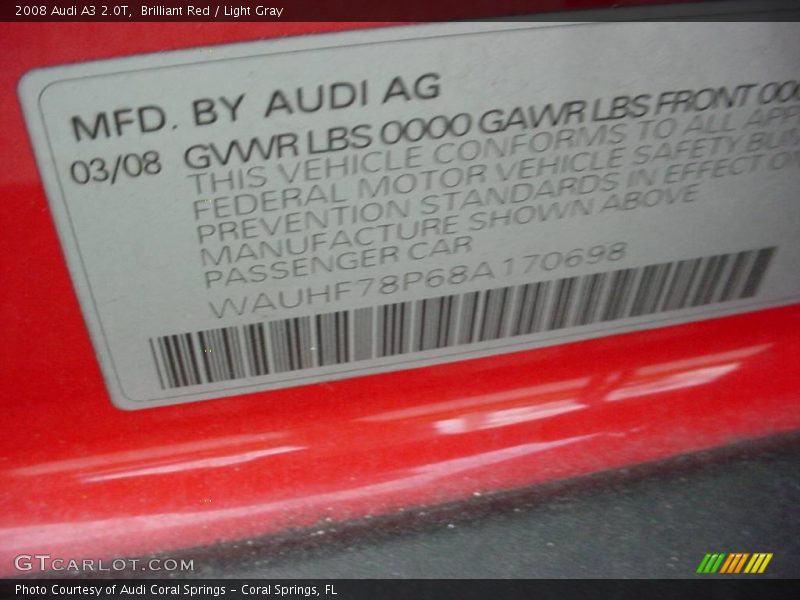Brilliant Red / Light Gray 2008 Audi A3 2.0T