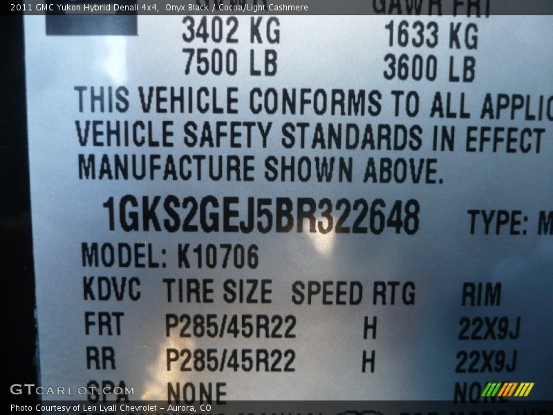 Info Tag of 2011 Yukon Hybrid Denali 4x4