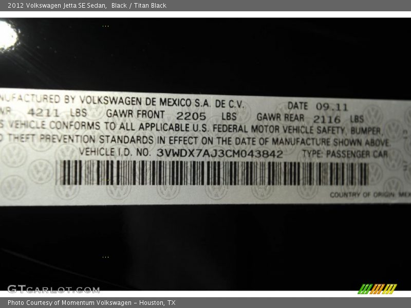 Black / Titan Black 2012 Volkswagen Jetta SE Sedan