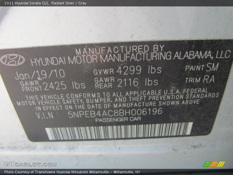 Radiant Silver / Gray 2011 Hyundai Sonata GLS