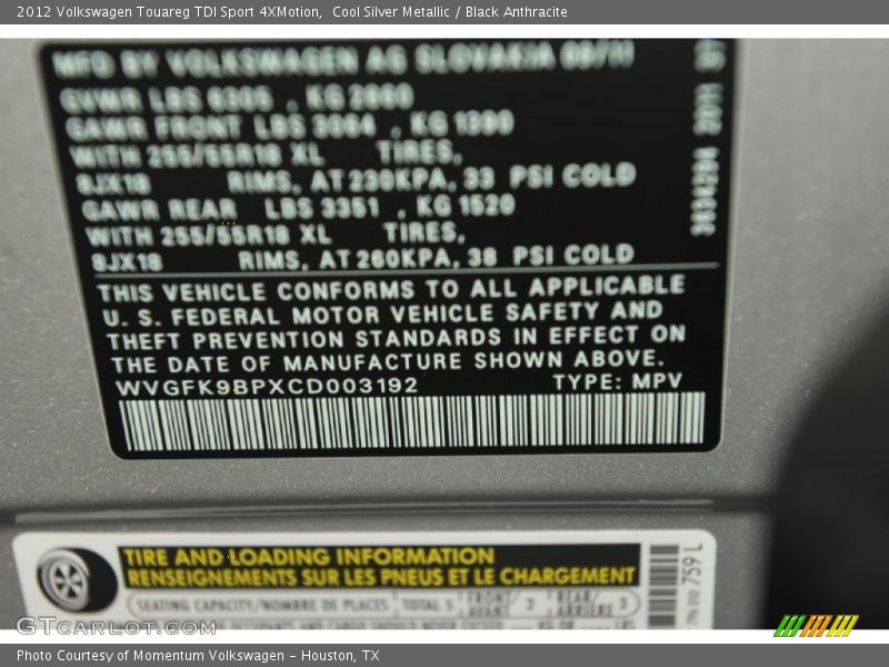 Cool Silver Metallic / Black Anthracite 2012 Volkswagen Touareg TDI Sport 4XMotion