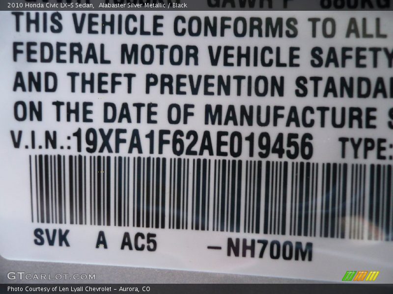 2010 Civic LX-S Sedan Alabaster Silver Metallic Color Code NH700M