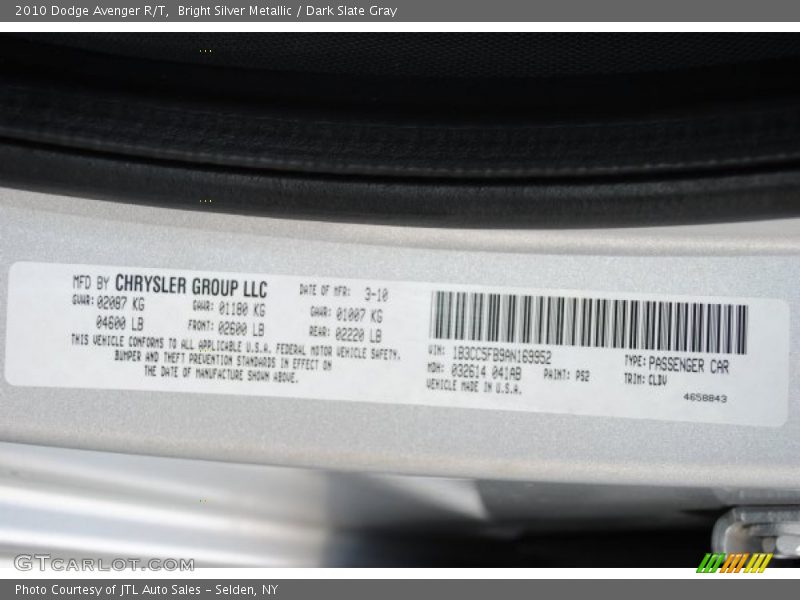 Bright Silver Metallic / Dark Slate Gray 2010 Dodge Avenger R/T