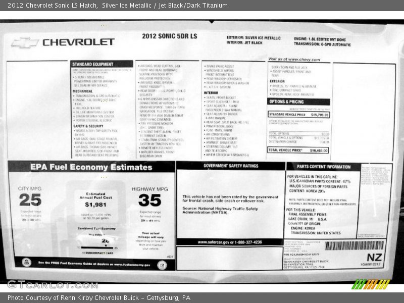  2012 Sonic LS Hatch Window Sticker