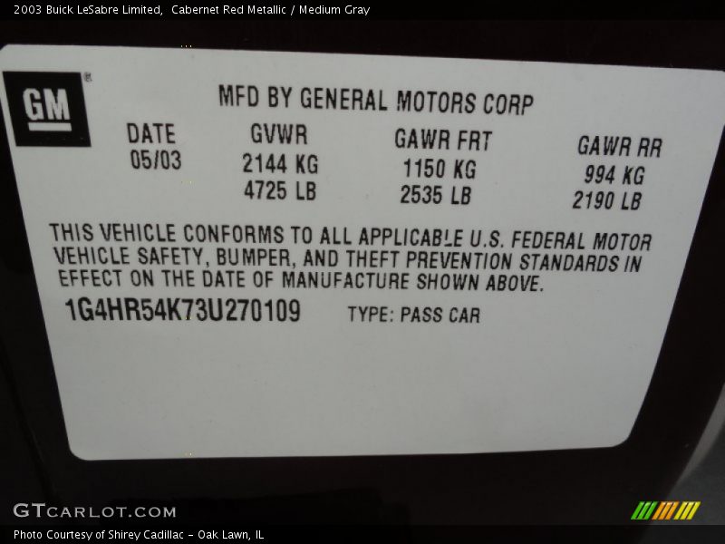 Cabernet Red Metallic / Medium Gray 2003 Buick LeSabre Limited