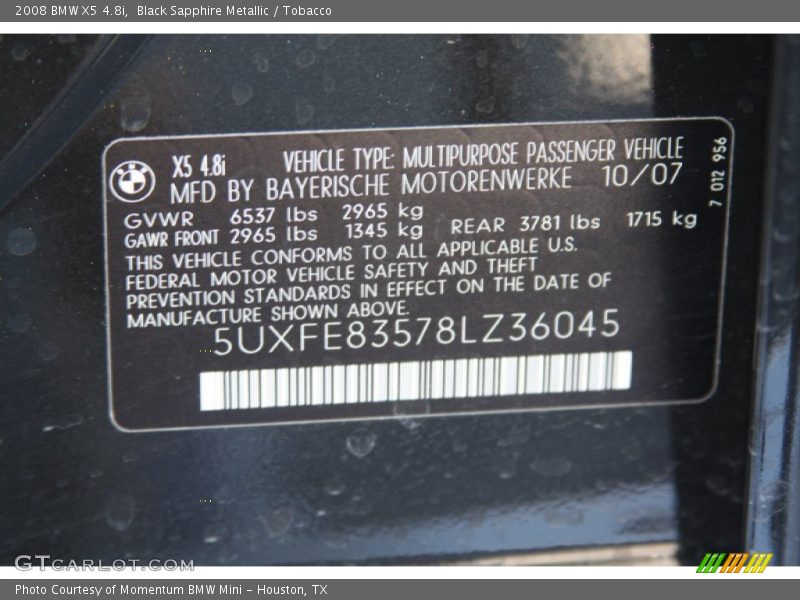 Black Sapphire Metallic / Tobacco 2008 BMW X5 4.8i