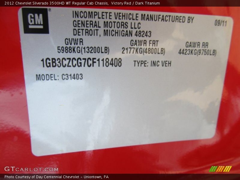 Info Tag of 2012 Silverado 3500HD WT Regular Cab Chassis