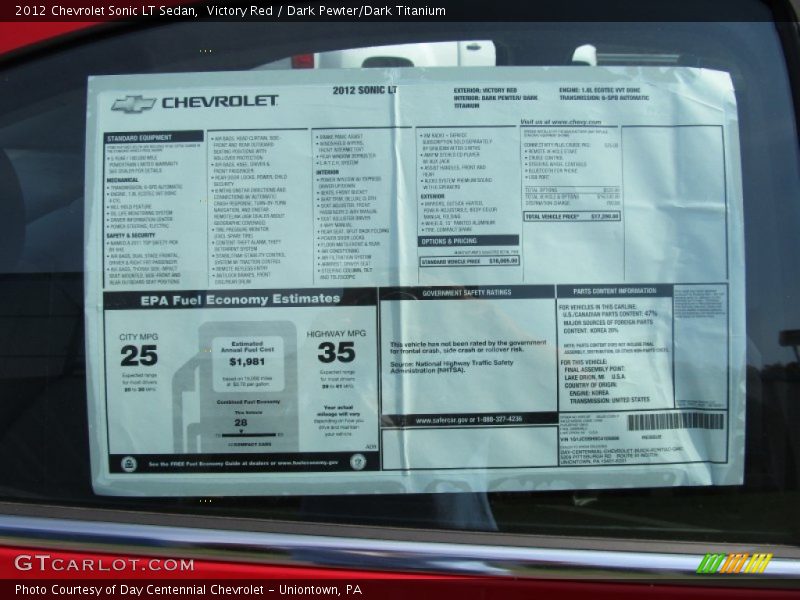  2012 Sonic LT Sedan Window Sticker