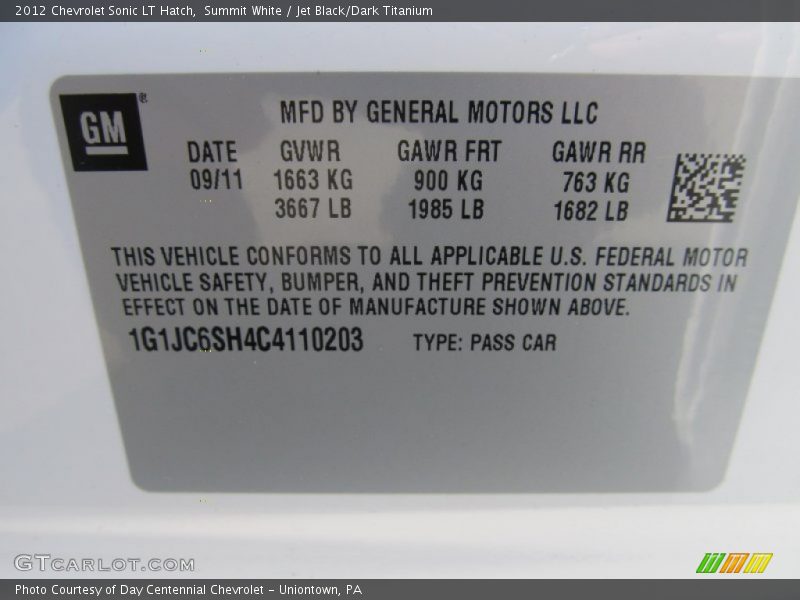 Summit White / Jet Black/Dark Titanium 2012 Chevrolet Sonic LT Hatch
