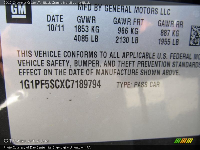 Black Granite Metallic / Jet Black 2012 Chevrolet Cruze LT