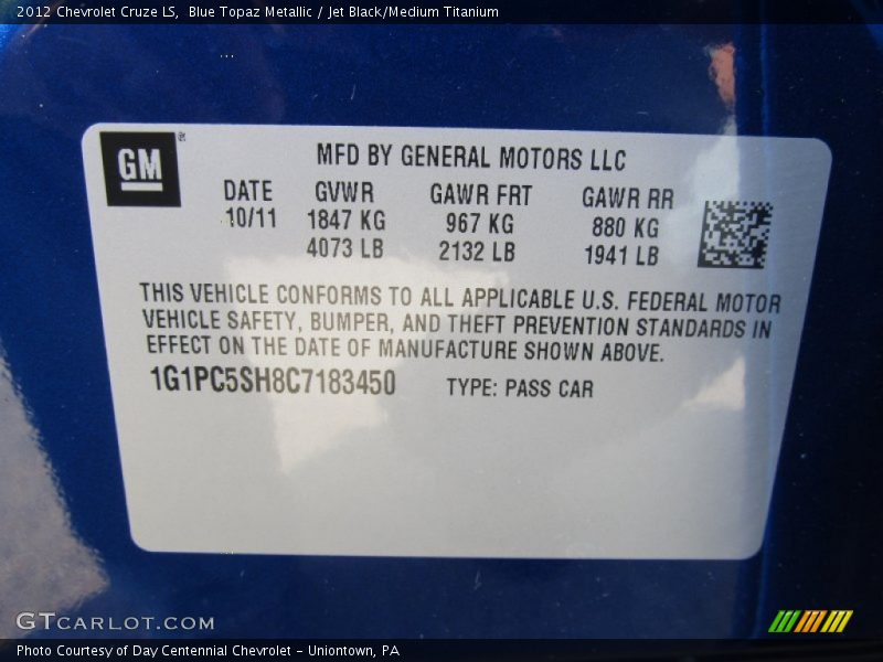 Blue Topaz Metallic / Jet Black/Medium Titanium 2012 Chevrolet Cruze LS
