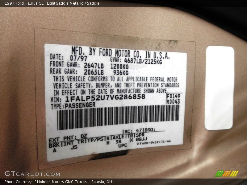 1997 Taurus GL Light Saddle Metallic Color Code DZ