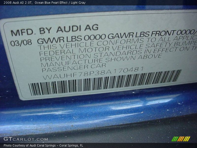 Ocean Blue Pearl Effect / Light Gray 2008 Audi A3 2.0T