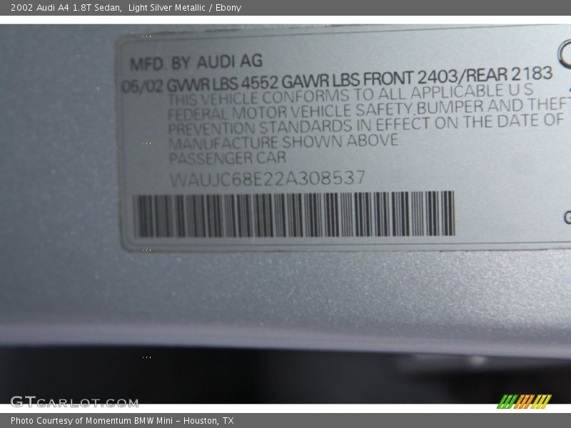 Light Silver Metallic / Ebony 2002 Audi A4 1.8T Sedan
