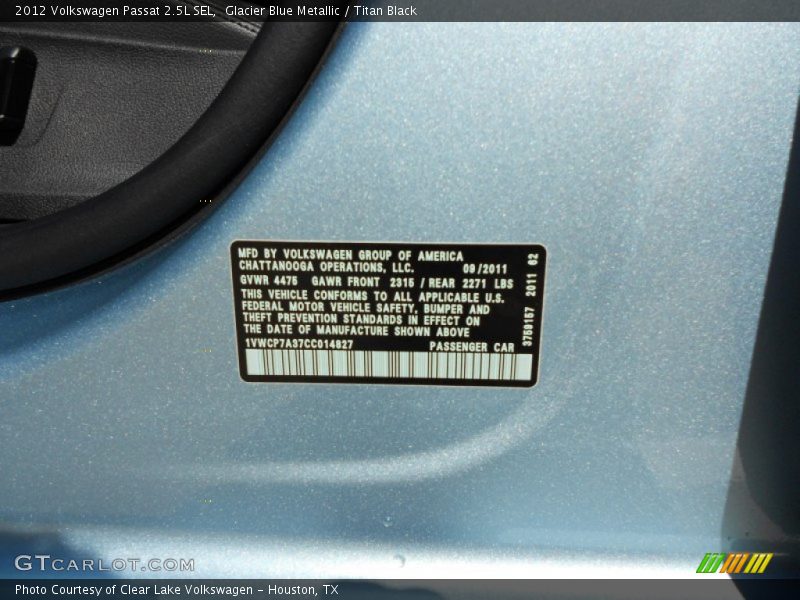 Info Tag of 2012 Passat 2.5L SEL