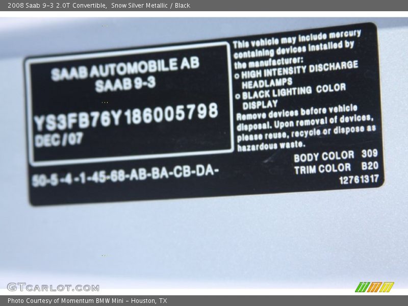 2008 9-3 2.0T Convertible Snow Silver Metallic Color Code 309