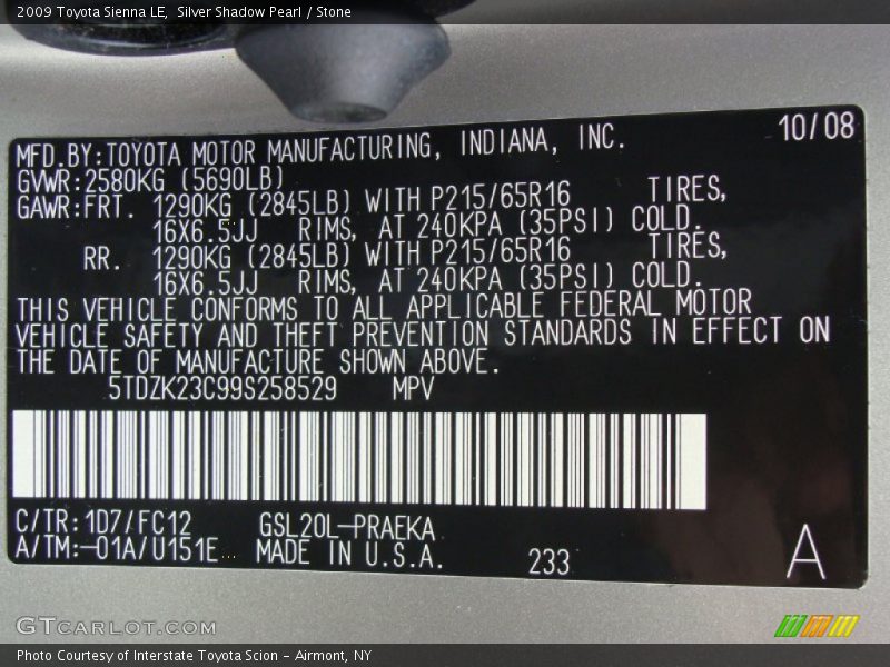 Silver Shadow Pearl / Stone 2009 Toyota Sienna LE