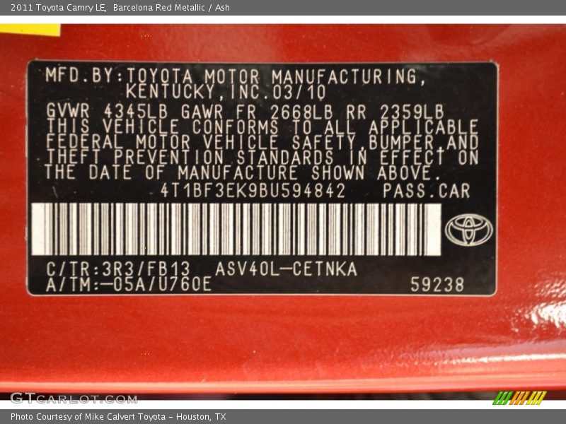Barcelona Red Metallic / Ash 2011 Toyota Camry LE