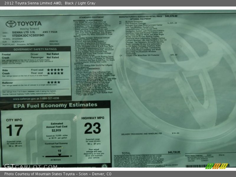 Black / Light Gray 2012 Toyota Sienna Limited AWD