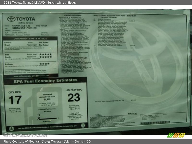  2012 Sienna XLE AWD Window Sticker