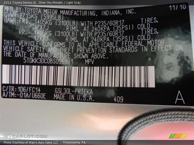 Silver Sky Metallic / Light Gray 2011 Toyota Sienna LE