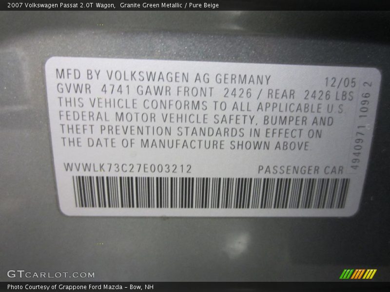 Granite Green Metallic / Pure Beige 2007 Volkswagen Passat 2.0T Wagon