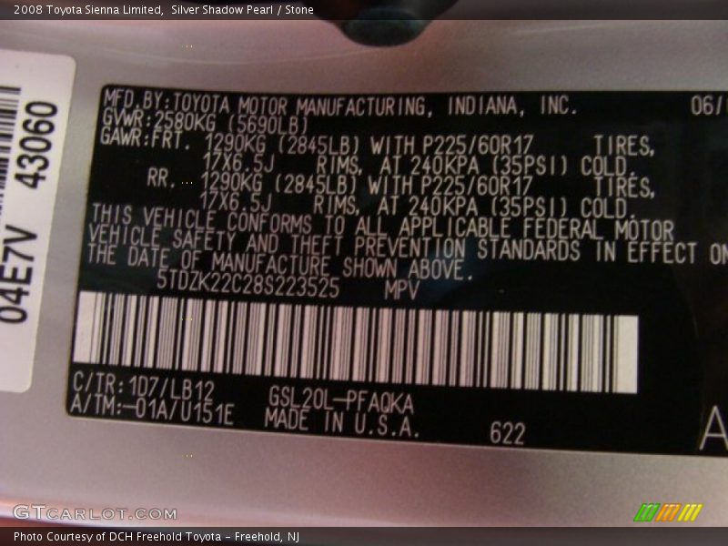 Silver Shadow Pearl / Stone 2008 Toyota Sienna Limited