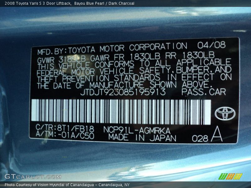 Bayou Blue Pearl / Dark Charcoal 2008 Toyota Yaris S 3 Door Liftback