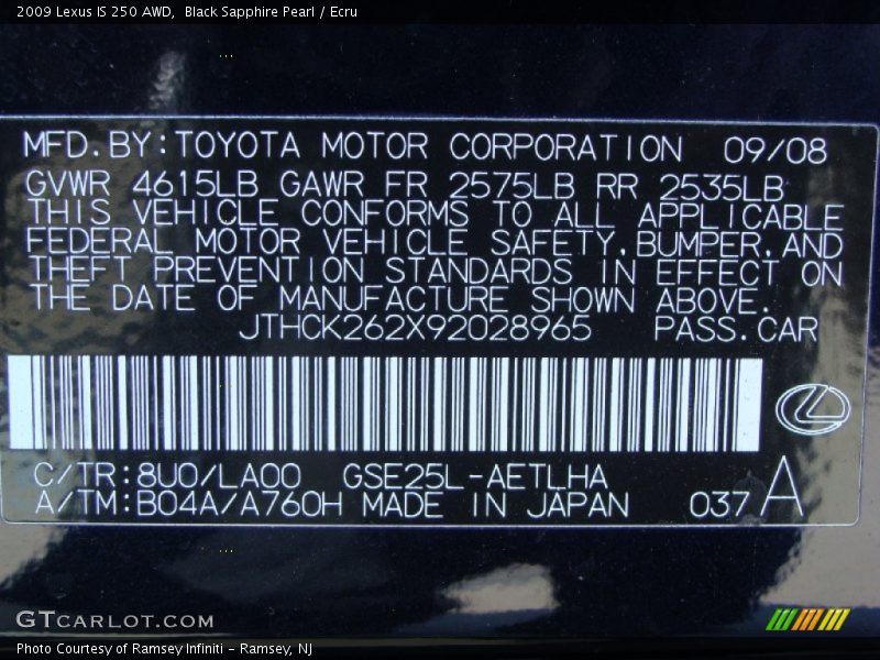 Black Sapphire Pearl / Ecru 2009 Lexus IS 250 AWD