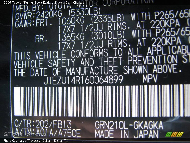 Black / Dark Charcoal 2006 Toyota 4Runner Sport Edition