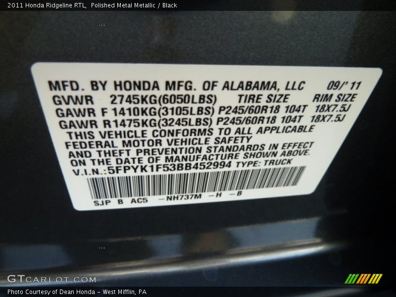 Polished Metal Metallic / Black 2011 Honda Ridgeline RTL