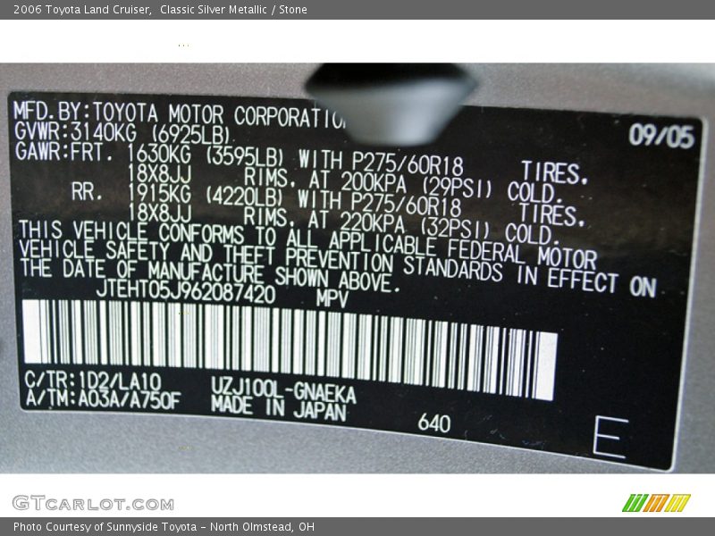 2006 Land Cruiser  Classic Silver Metallic Color Code 1D2