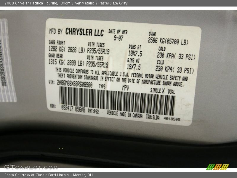 Bright Silver Metallic / Pastel Slate Gray 2008 Chrysler Pacifica Touring