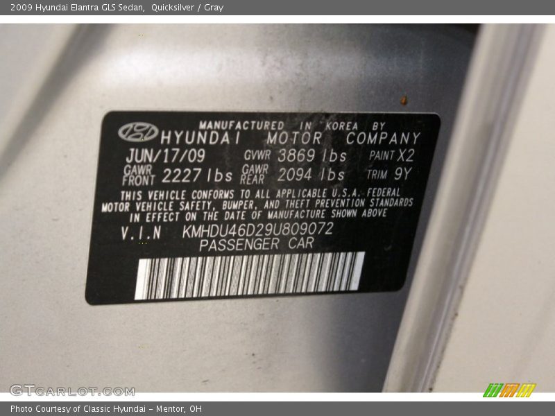 Quicksilver / Gray 2009 Hyundai Elantra GLS Sedan