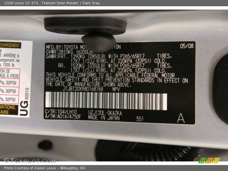 Titanium Silver Metallic / Dark Gray 2008 Lexus GX 470