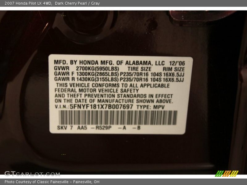 Dark Cherry Pearl / Gray 2007 Honda Pilot LX 4WD