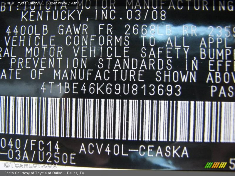 Super White / Ash 2009 Toyota Camry SE