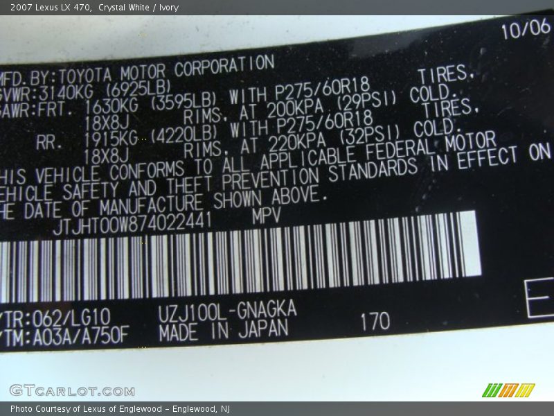 Crystal White / Ivory 2007 Lexus LX 470